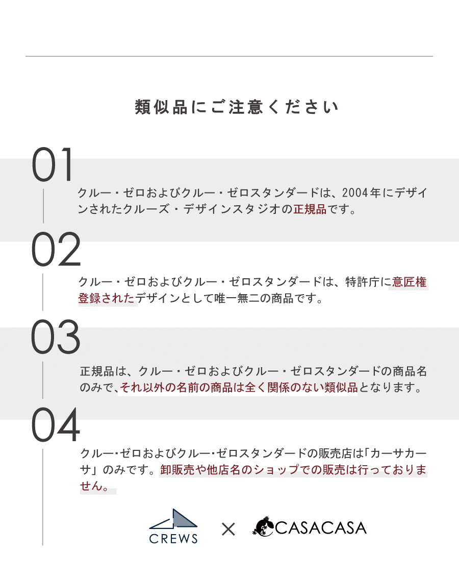 意匠登録されたクルー・ゼロシリーズは他の類似品とは異なります